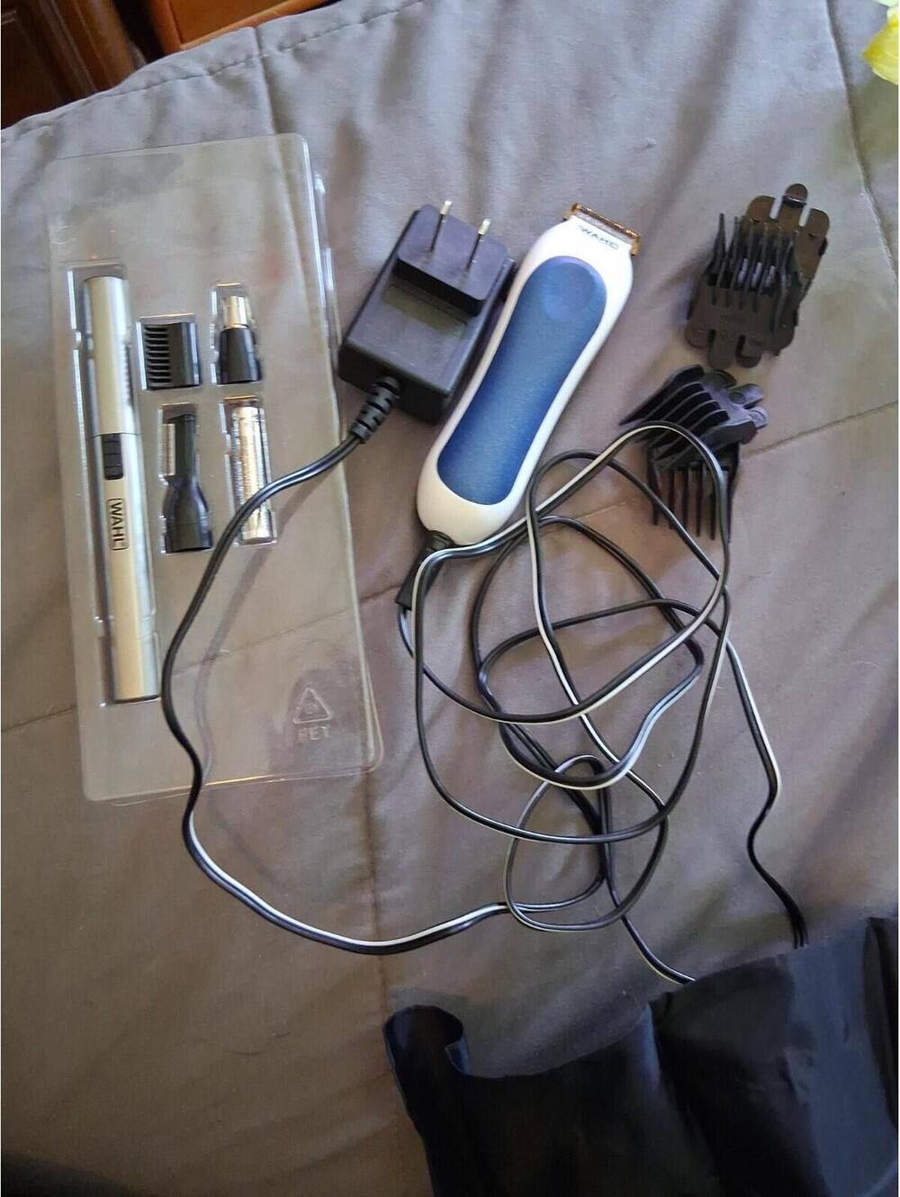 Wahl Blue White Electric Beard Trimmer Corded 9307 With Attachments And Nose